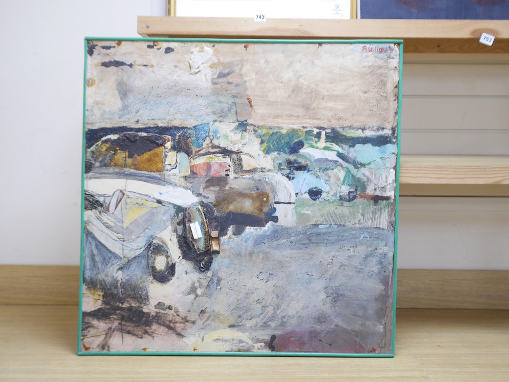 Burrows, oil, mixed media and collage on board, 'Car park', possibly American, signed, 75 x 75cm. Condition - fair, would benefit from a clean